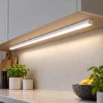 Under-cabinet LED light strip mounted below a wooden shelf over a light countertop, with potted herbs, cutting boards, and a bowl of lemons.