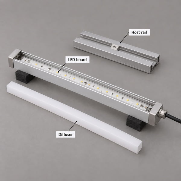 awning-led-lighting-structure - Custom LED Lighting & OEM LED Modules Supplier Disassembled LED linear light: metal host rail, LED board with numerous diodes, and a white diffuser bar beside them.