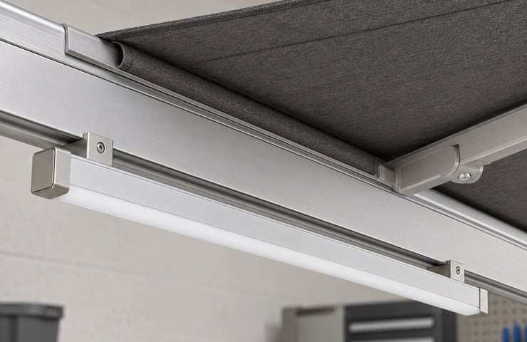 awning-led-lighting-testing-01 - Custom LED Lighting & OEM LED Modules Supplier Ceiling-mounted sliding track with a fabric panel and integrated LED light bar, part of a room divider system.