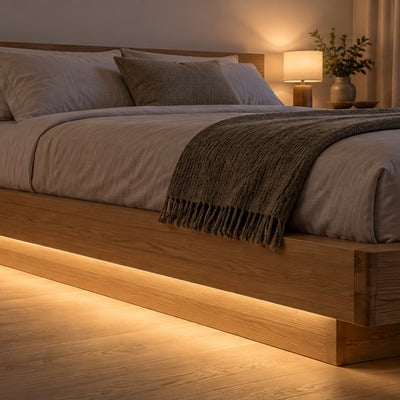 bed-led-strip-application-01 - Custom LED Lighting & OEM LED Modules Supplier Cozy bedroom scene: low wooden platform bed with beige linens, a gray throw, warm under-bed lighting, and a lamp with a plant on the nightstand.