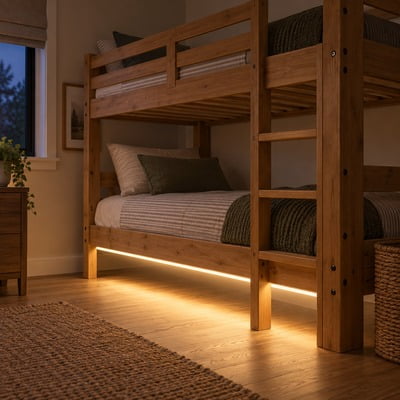 bed-led-strip-application-02 - Custom LED Lighting & OEM LED Modules Supplier Wooden bunk bed in a warm bedroom with beige bedding and under-bed LED lighting.