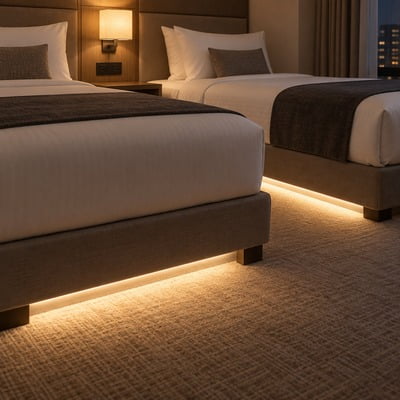 bed-led-strip-application-03 - Custom LED Lighting & OEM LED Modules Supplier Two neatly made double beds in a hotel room with warm bedside lamps and soft under-bed lighting along the base.