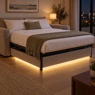 bed-led-strip-application-04 - Custom LED Lighting & OEM LED Modules Supplier Queen bed with built-in storage and warm under-bed lighting in a modern bedroom, white bedding and green throw, lamp and plant nearby.