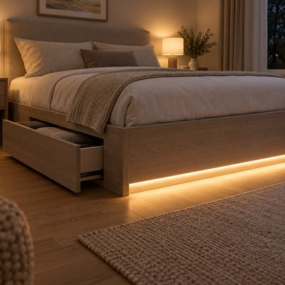bed-led-strip-application-05 - Custom LED Lighting & OEM LED Modules Supplier Bedroom with a low wooden platform bed, warm lamps, under-bed lighting, an open storage drawer, beige bedding, and a woven rug.