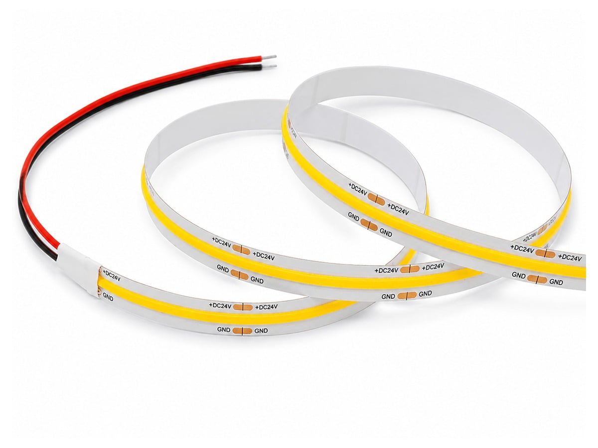 bed-led-strip-component-03 - Custom LED Lighting & OEM LED Modules Supplier Flexible LED strip lights with yellow illuminated band and red/black power wires (DC24V, GND labels)