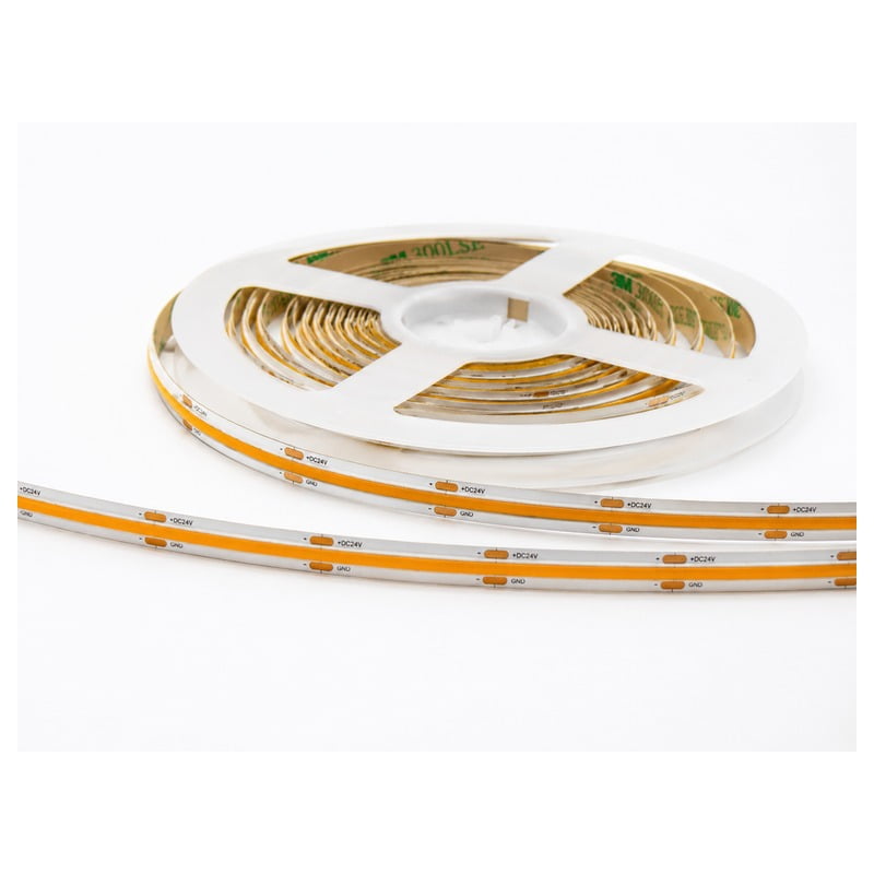 bed-led-strip-gallery-01 - Custom LED Lighting & OEM LED Modules Supplier Coiled roll of flexible LED strip lights with orange light segments on a white background