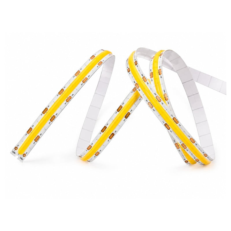 bed-led-strip-gallery-02 - Custom LED Lighting & OEM LED Modules Supplier Flexible LED strip light with a white surface and yellow coating, showing segmented LEDs and cut marks along the length.