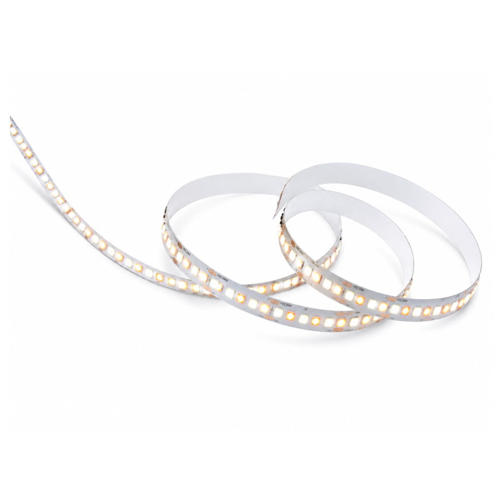 Flexible warm-white LED strip light coiled on a white background for accent lighting.