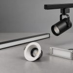Track light, linear luminaire, downlight, and recessed module displayed together