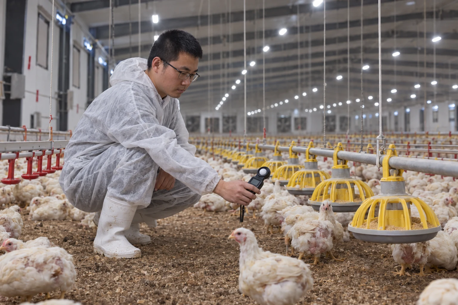 Technician measuring poultry light at bird level