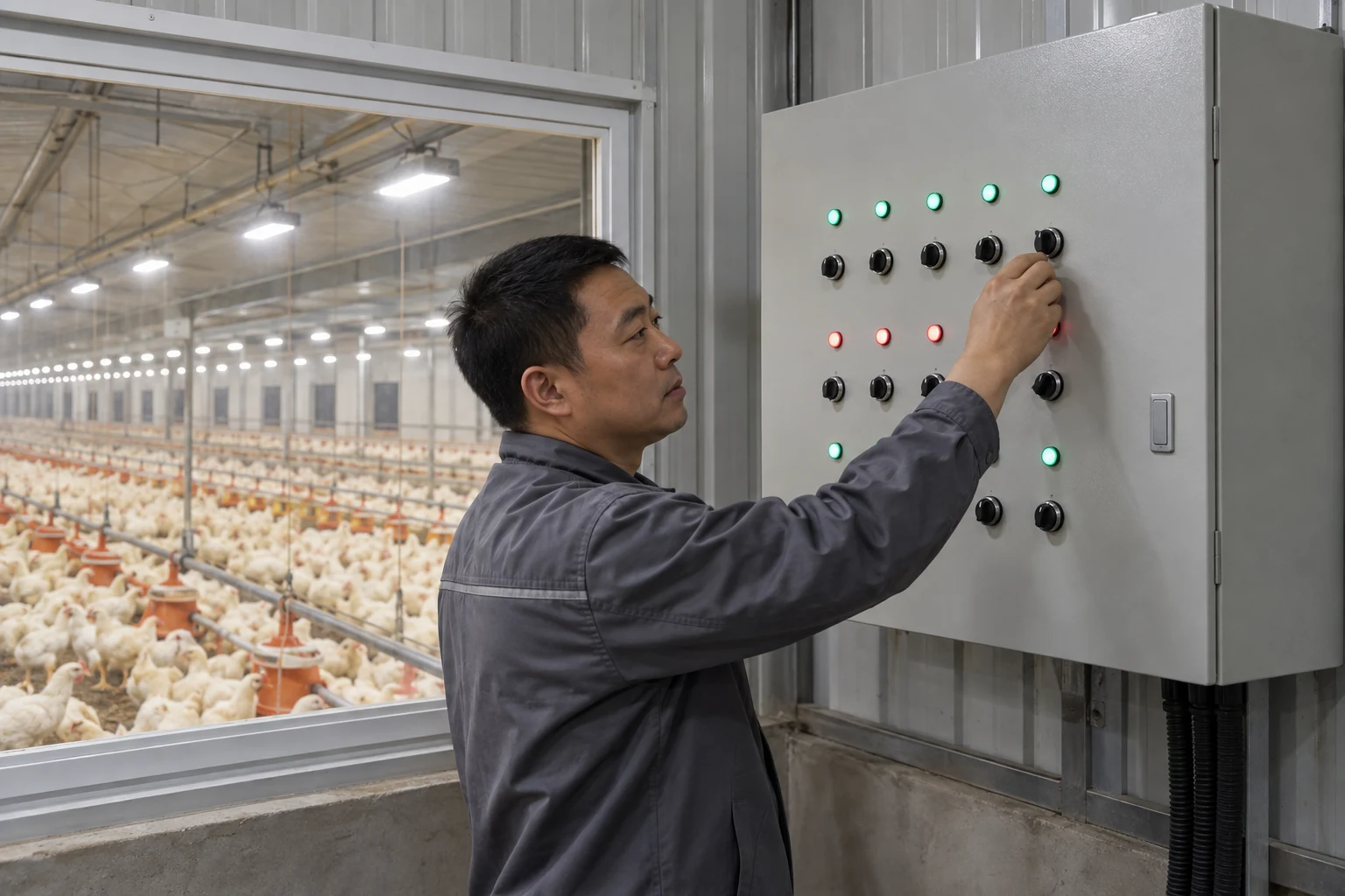 Manager adjusting poultry barn LED dimming controls