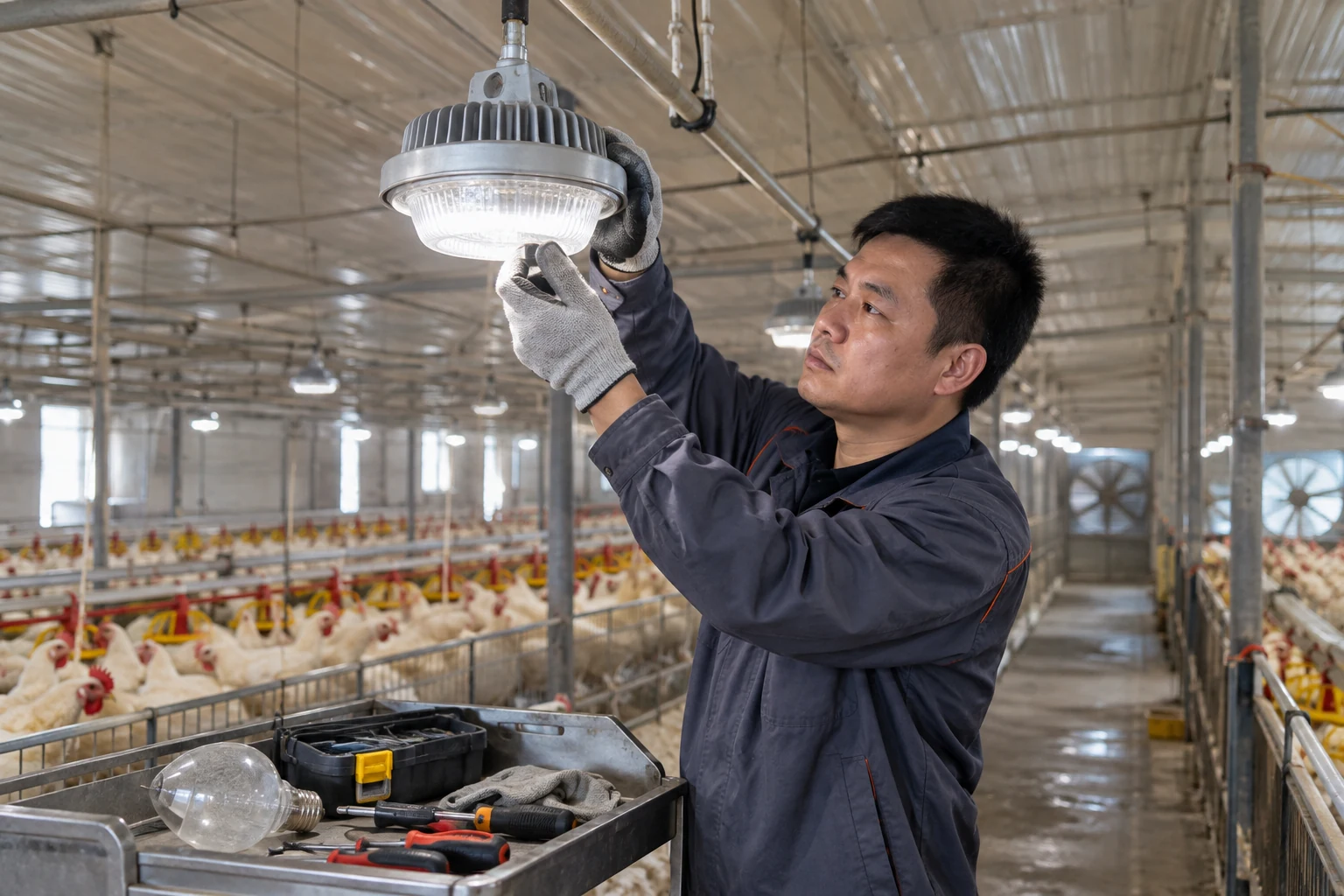 Worker inspecting sealed poultry barn LED fixtures
