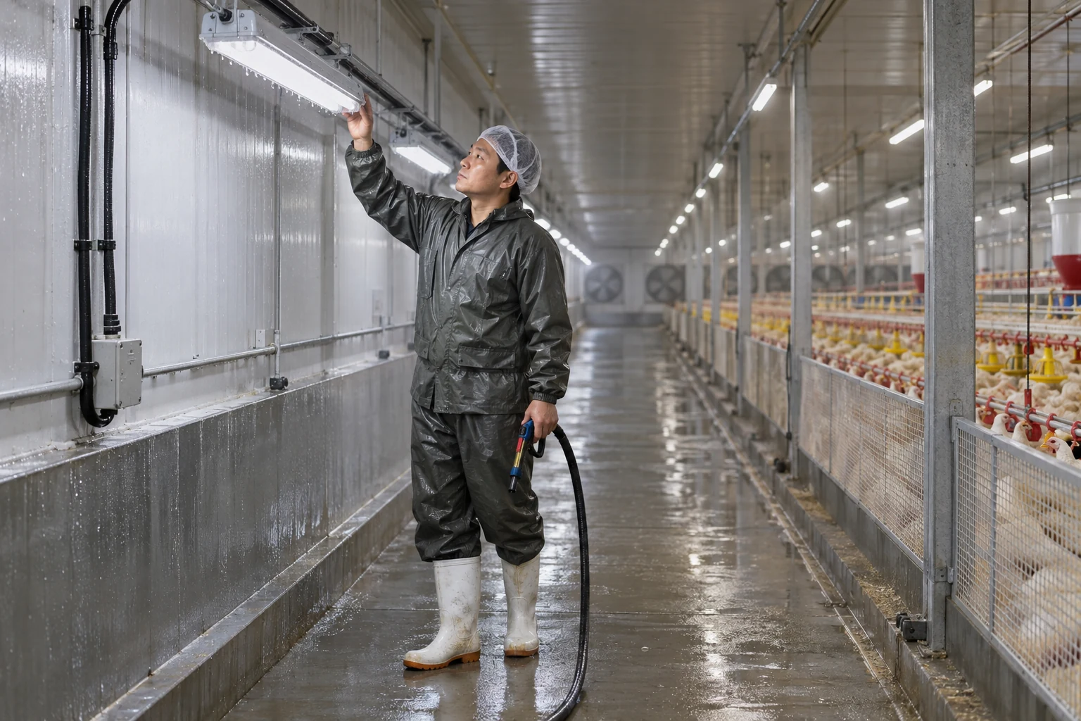 Sealed washdown-ready luminaires in a humid poultry barn