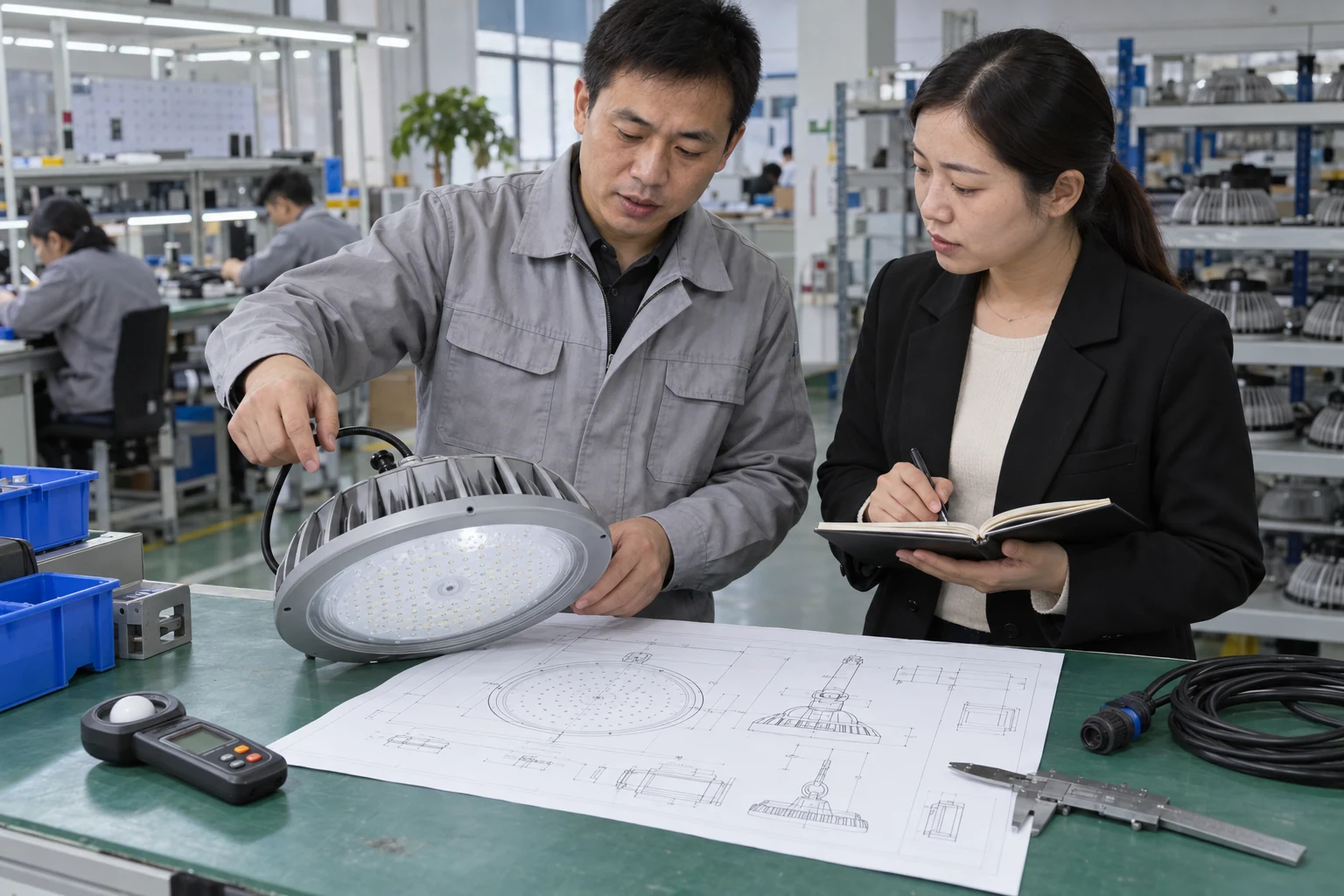 Chinese engineer reviewing poultry lighting drawings and sample