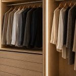 Row of jackets and shirts hanging in a wooden wardrobe with warm backlighting and drawers below edge of rail.