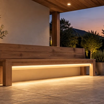 Outdoor wooden bench under a covered patio at dusk, with a warm light strip along the base and a tree-filled yard in the background.