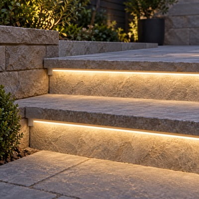 Outdoor stone staircase with warm LED strips under each step, with landscaped surroundings in the background.