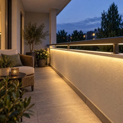 Cozy evening balcony with wicker chair, small table, potted plants, and warm LED railing lights overlooking trees and buildings at dusk.