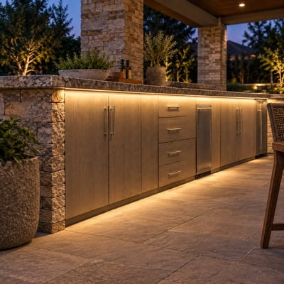 Outdoor outdoor kitchen counter with stone columns, stainless cabinets, and warm LED under-cabinet lighting at dusk.