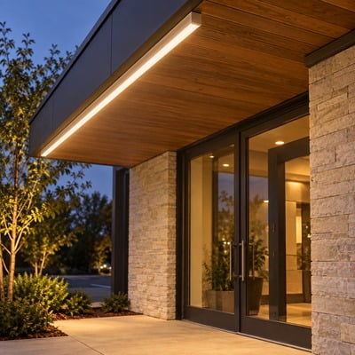 Modern building entrance with stone pillars, glass doors, and a warmly lit wooden canopy at dusk.