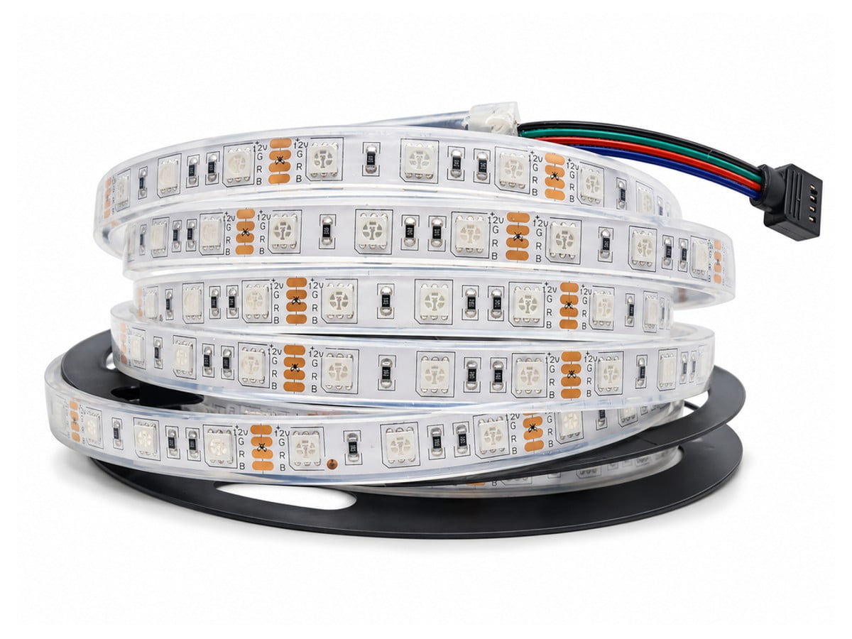 Coiled roll of flexible RGB LED strip lights with a black connector at one end, ready for installation