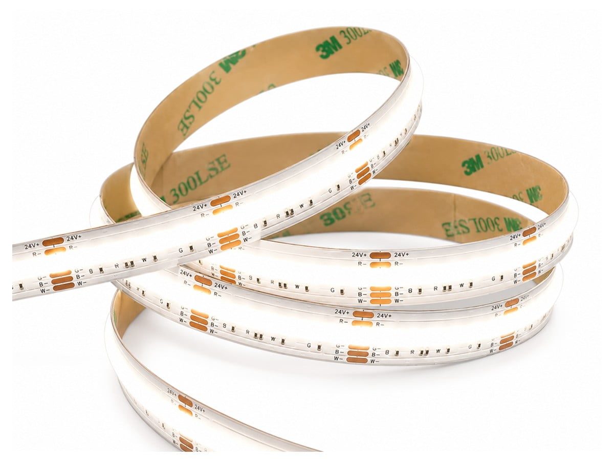 Coiled white LED strip lights on a white background, ready for installation