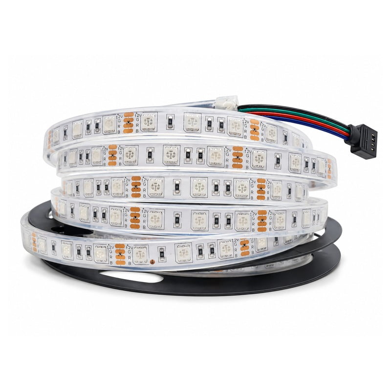 Coiled LED strip light on a black spool with a 4‑wire connector showing multiple LED chips along the ribbon