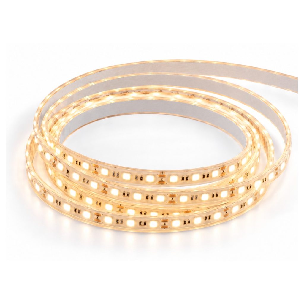 Coiled warm-white flexible LED strip lights on a white background, decorative lighting option