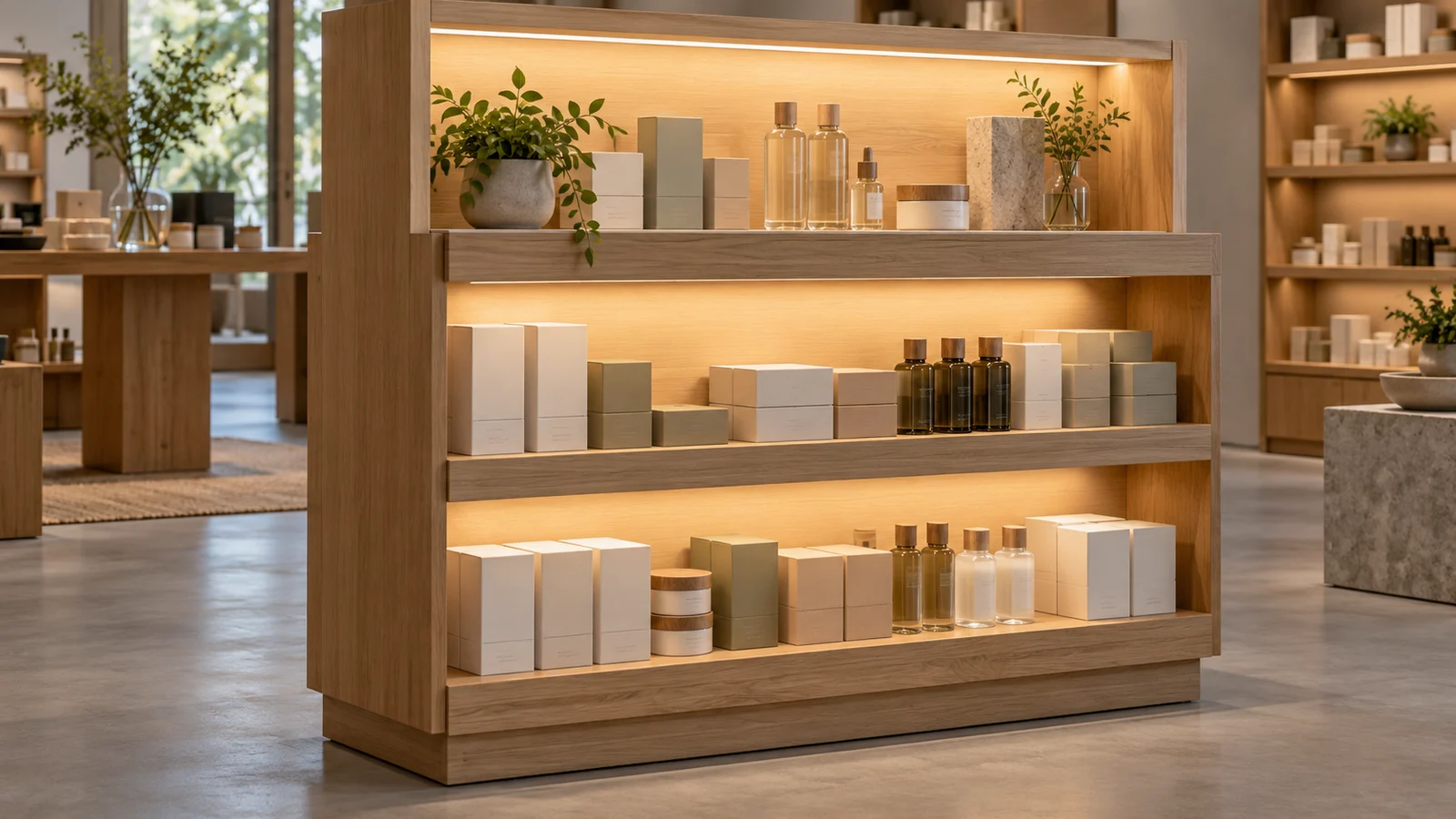 Retail display fixture with concealed shelf lights and merchandise