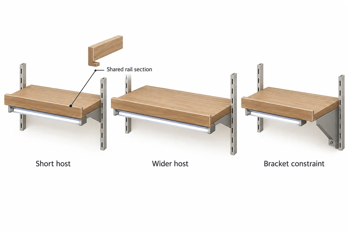 Three retail shelf hosts showing a shared rail section and different lengths or bracket positions