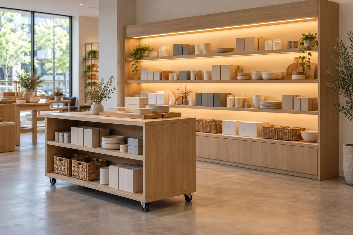 Wall-mounted retail shelf with concealed light and a separate movable display island