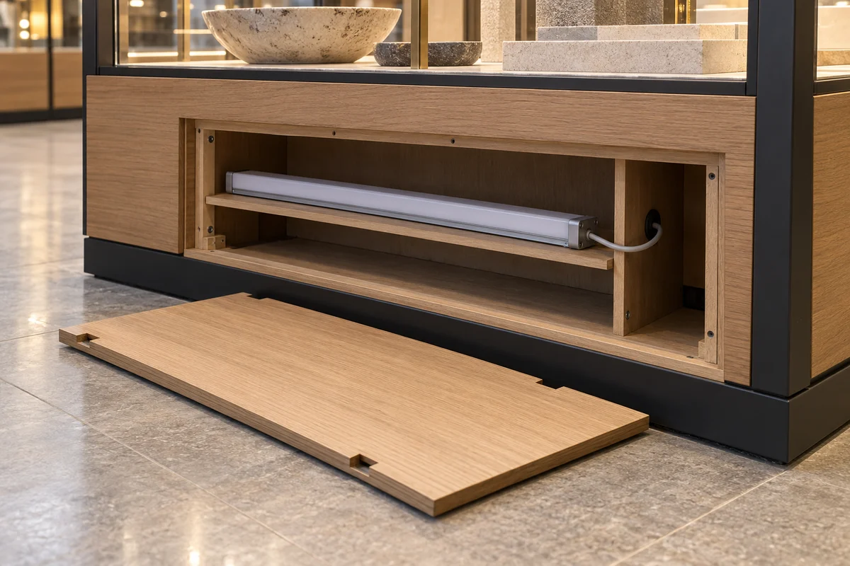 Display fixture with an accessible lower service compartment and supported removable light assembly