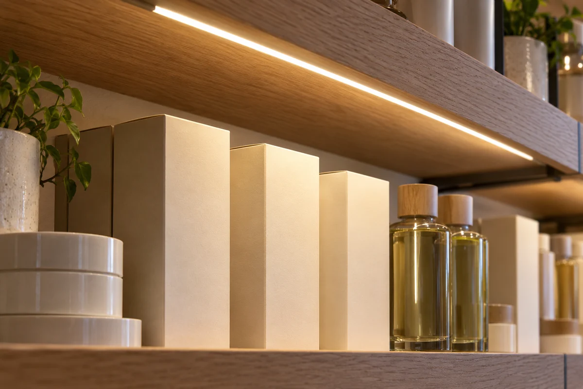 Shelf lighting located behind the front rail and directed across matte and glossy product packages