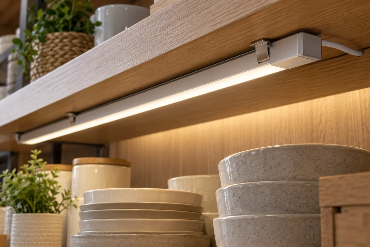 Complete slim light bar mounted behind the front rail of a retail shelf
