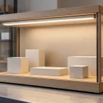 Complete light assembly mounted inside a display cabinet on a product-design workbench