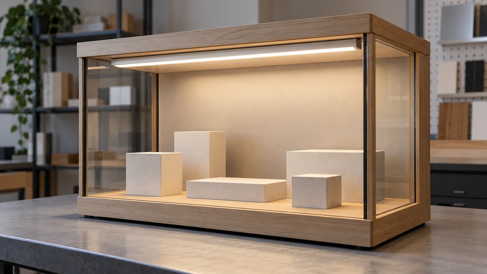 Complete light assembly mounted inside a display cabinet on a product-design workbench