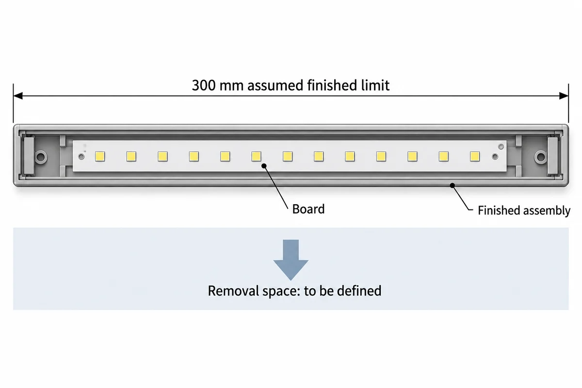 Illustrative 300 mm finished assembly envelope with a shorter board inside and separate removal space