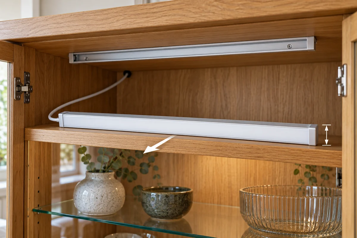Cabinet light assembly supported on a front access ledge beneath the mounting rail