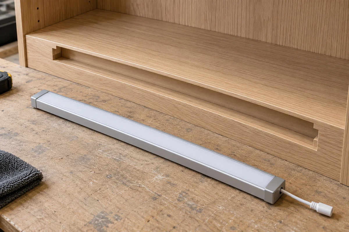 Unpowered light assembly beside its cabinet mounting recess