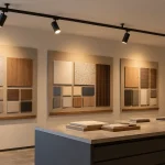 Whole track arrangement viewed from normal room height in a material showroom