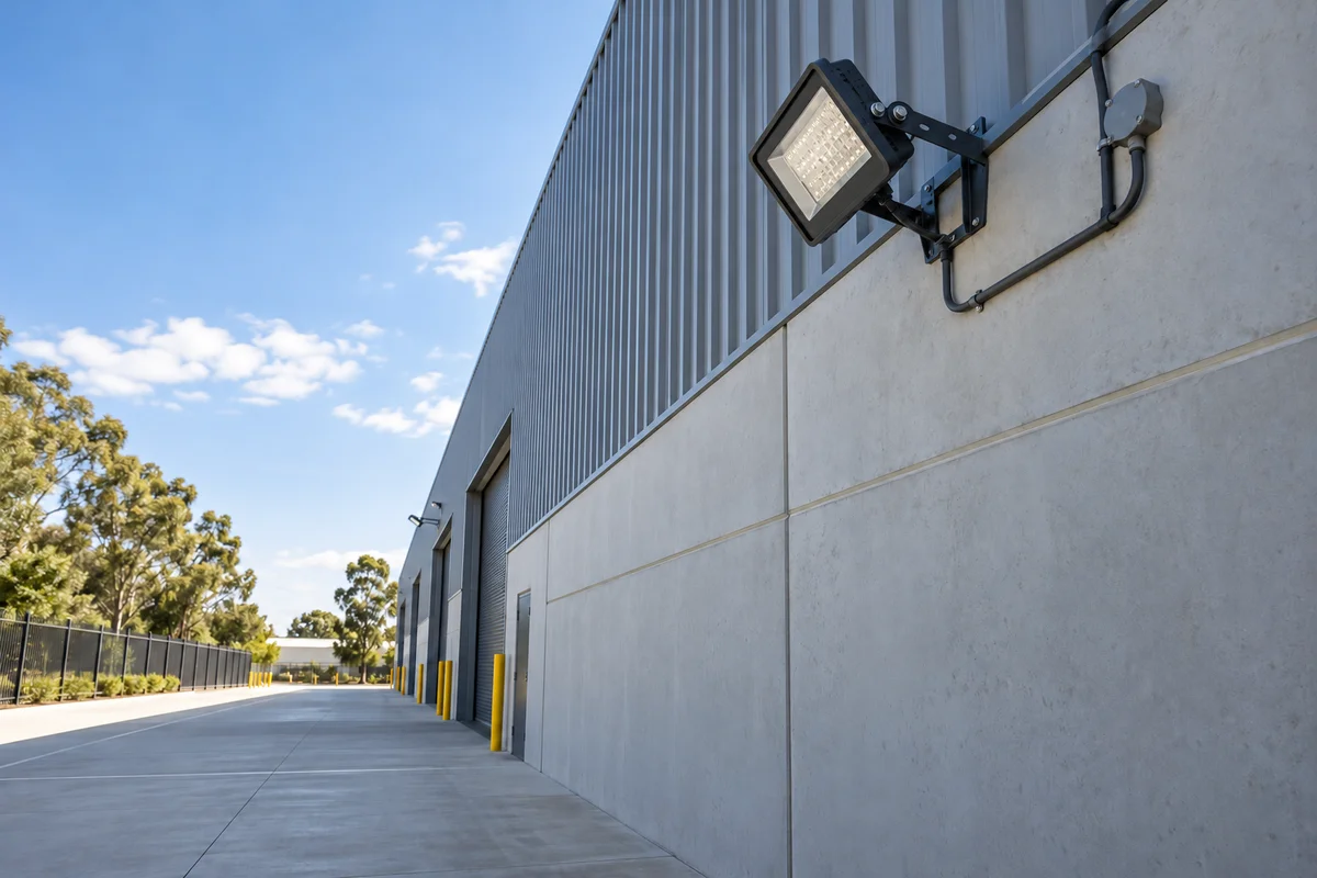 b25-t05742-life-i3 - Custom LED Lighting & OEM LED Modules Supplier Elevated building-side floodlight with the service-access area visible below