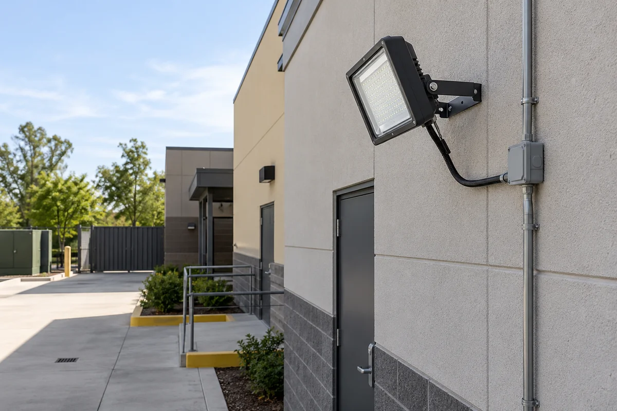 b25-t05742-life-i4 - Custom LED Lighting & OEM LED Modules Supplier Complete exterior floodlight beside an accessible commercial service courtyard