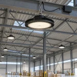 A suspended high bay above a clear warehouse aisle with structure and service approach visible