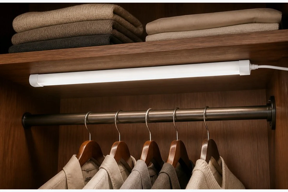 Tubular light integrated into an interior storage detail with the viewed emitting face visible
