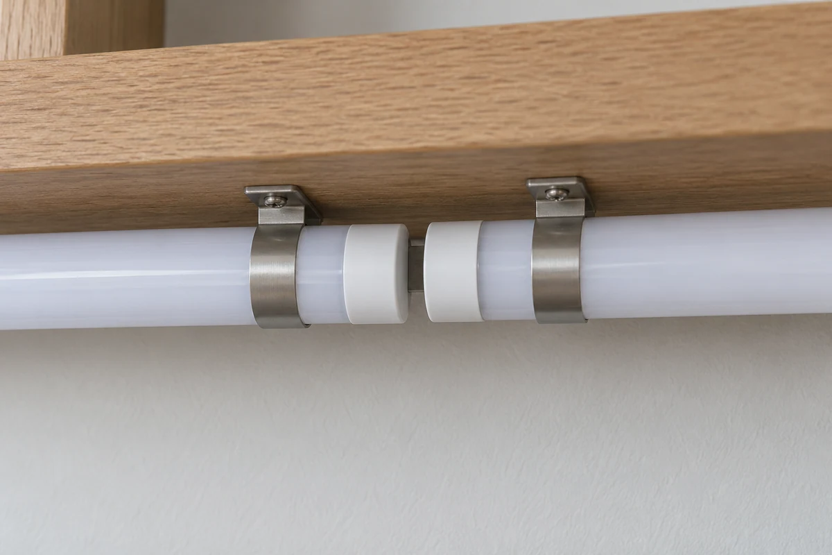Two supported tubular lighting sections showing end caps and a visible joint interval