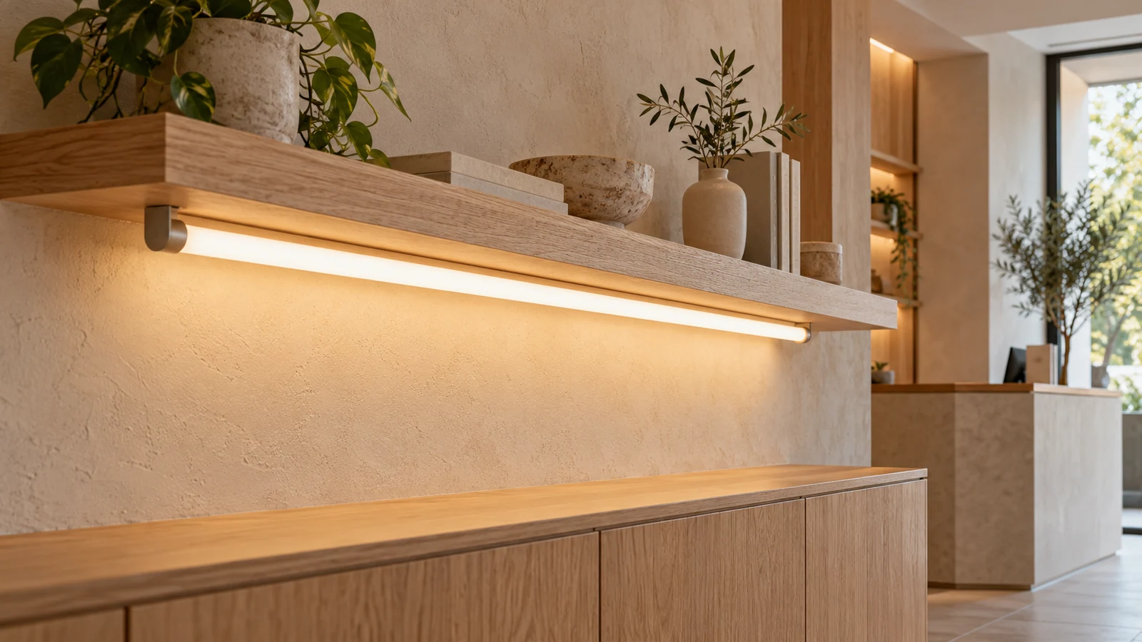 Tubular light feature integrated with an interior architectural detail
