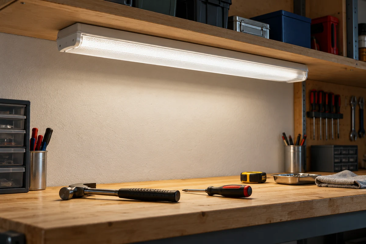 b27-t06146-b02-20261022 - Custom LED Lighting & OEM LED Modules Supplier Covered linear-light fitting above a defined workbench surface