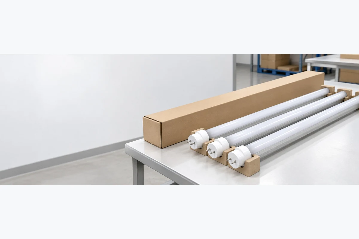 b27-t06146-b04-20261022 - Custom LED Lighting & OEM LED Modules Supplier Protected linear-lamp stock in a carton alongside unpacked tubes