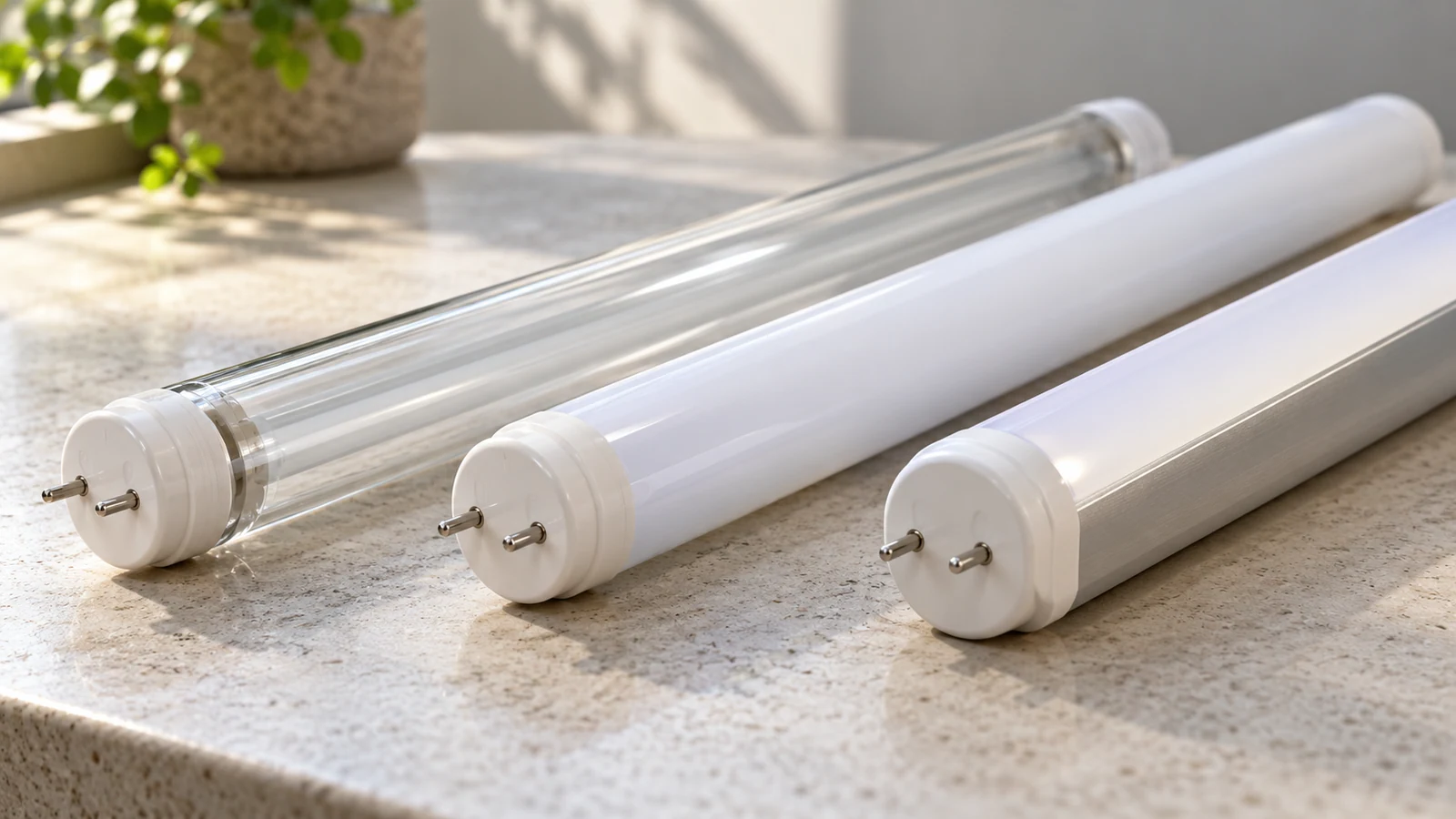 Glass, plastic and aluminum-backed tubular-light construction examples