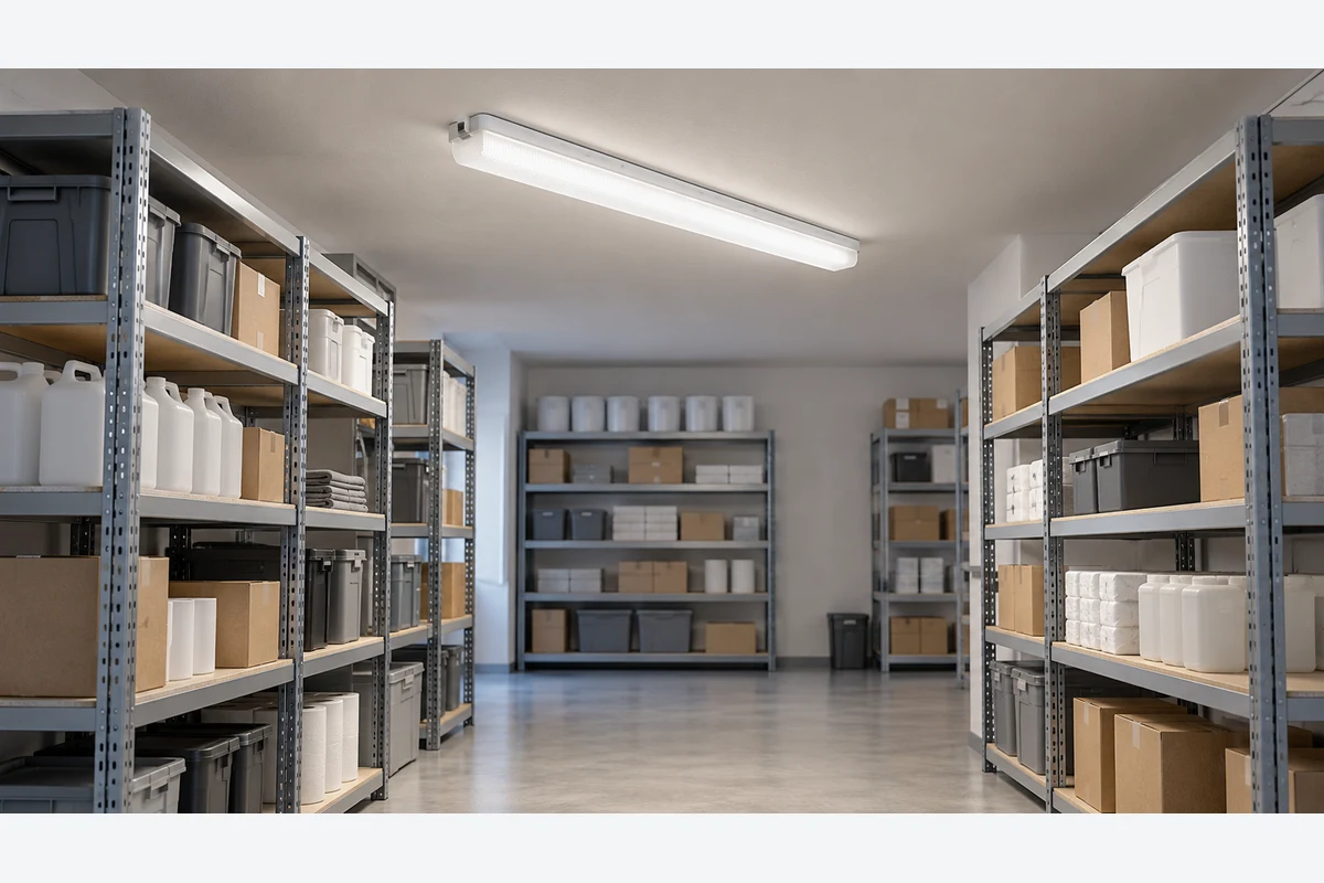 b28-t03980-b05-20261022 - Custom LED Lighting & OEM LED Modules Supplier A completed covered linear-light fitting above a clear commercial storage aisle